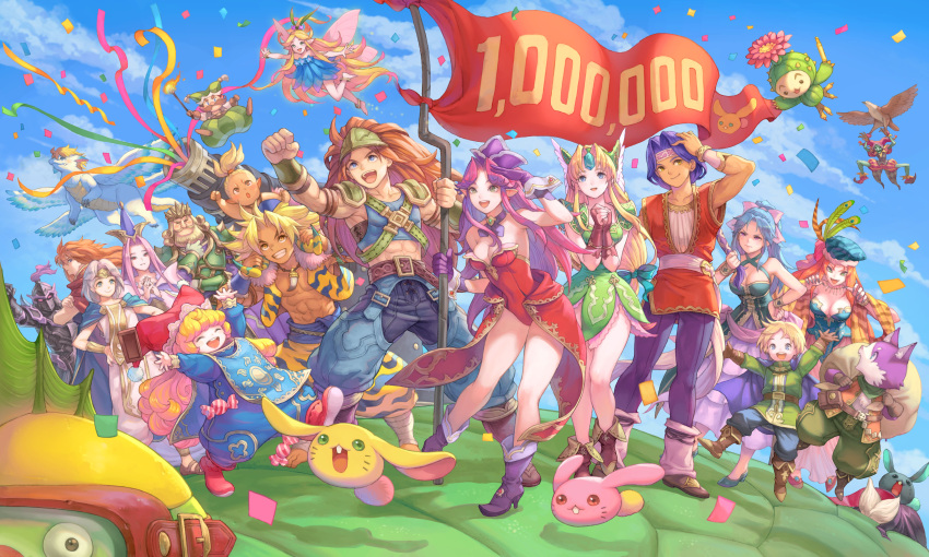 6+boys 6+girls absurdres angela_(seiken_densetsu_3) blue_sky charlotte_(seiken_densetsu_3) confetti deathjester duran_(seiken_densetsu_3) everyone faerie_(seiken_densetsu_3) flag flammie haccan hawkeye_(seiken_densetsu_3) heath_(seiken_densetsu_3) highres isabella_(seiken_densetsu_3) jessica_(seiken_densetsu_3) kevin_(seiken_densetsu_3) leotard milestone_celebration multiple_boys multiple_girls muscular official_art open_mouth rabite riesz seiken_densetsu seiken_densetsu_3 sky smile square_enix standing valda_(seiken_densetsu_3)