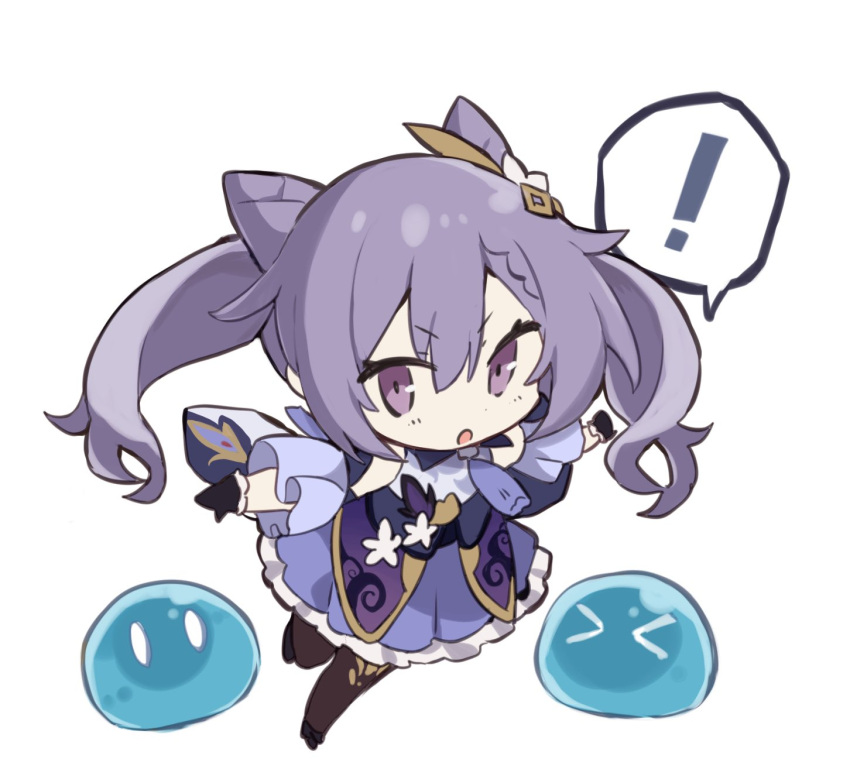 ! &gt;_&lt; 1girl breasts chibi dress freenote_mr full_body genshin_impact gloves hair_between_eyes highres keqing_(genshin_impact) long_hair looking_at_viewer pantyhose purple_hair simple_background slime_(genshin_impact) solo speech_bubble twintails violet_eyes white_background
