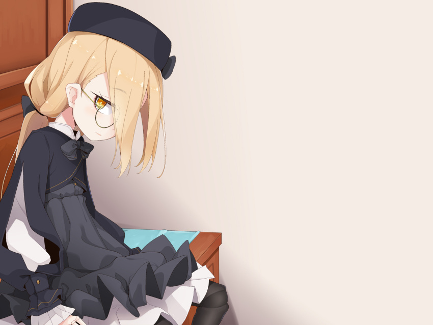 1girl black_legwear blonde_hair doll doll_joints glasses hat highres joints long_hair ogami_kazuki original pantyhose ponytail sitting solo yellow_eyes