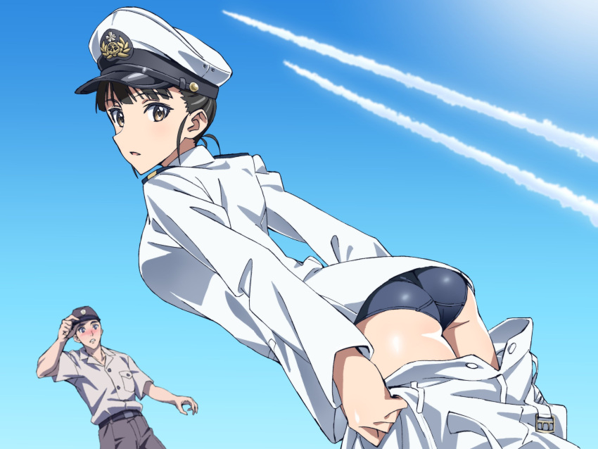1boy 1girl ass black_eyes black_hair black_swimsuit blue_sky condensation_trail crotch_seam dutch_angle epaulettes eyebrows_visible_through_hair from_behind hat highres jacket kogarashi51 looking_at_viewer looking_back military military_hat military_uniform pants pants_pull peaked_cap pulled_by_self sakamoto_mio sky standing strike_witches swimsuit swimsuit_under_clothes uniform white_headwear white_jacket white_pants world_witches_series