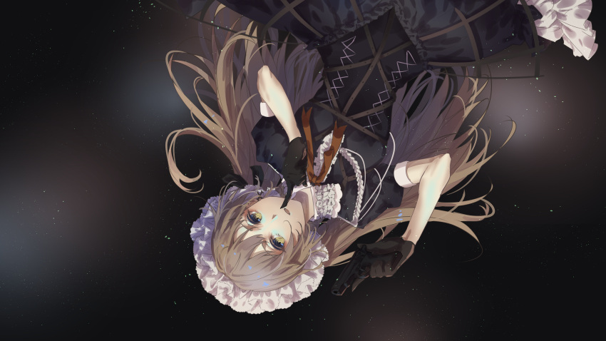 1girl bangs black_gloves corset dress finger_to_mouth frilled_dress frilled_hairband frills girls_frontline gloves gothic_lolita gun hairband handgun highres katee light_brown_eyes light_brown_hair lolita_fashion long_hair ppk_(girls_frontline) puffy_short_sleeves puffy_sleeves ribbon short_dress short_sleeves shushing solo very_long_hair walther walther_ppk weapon