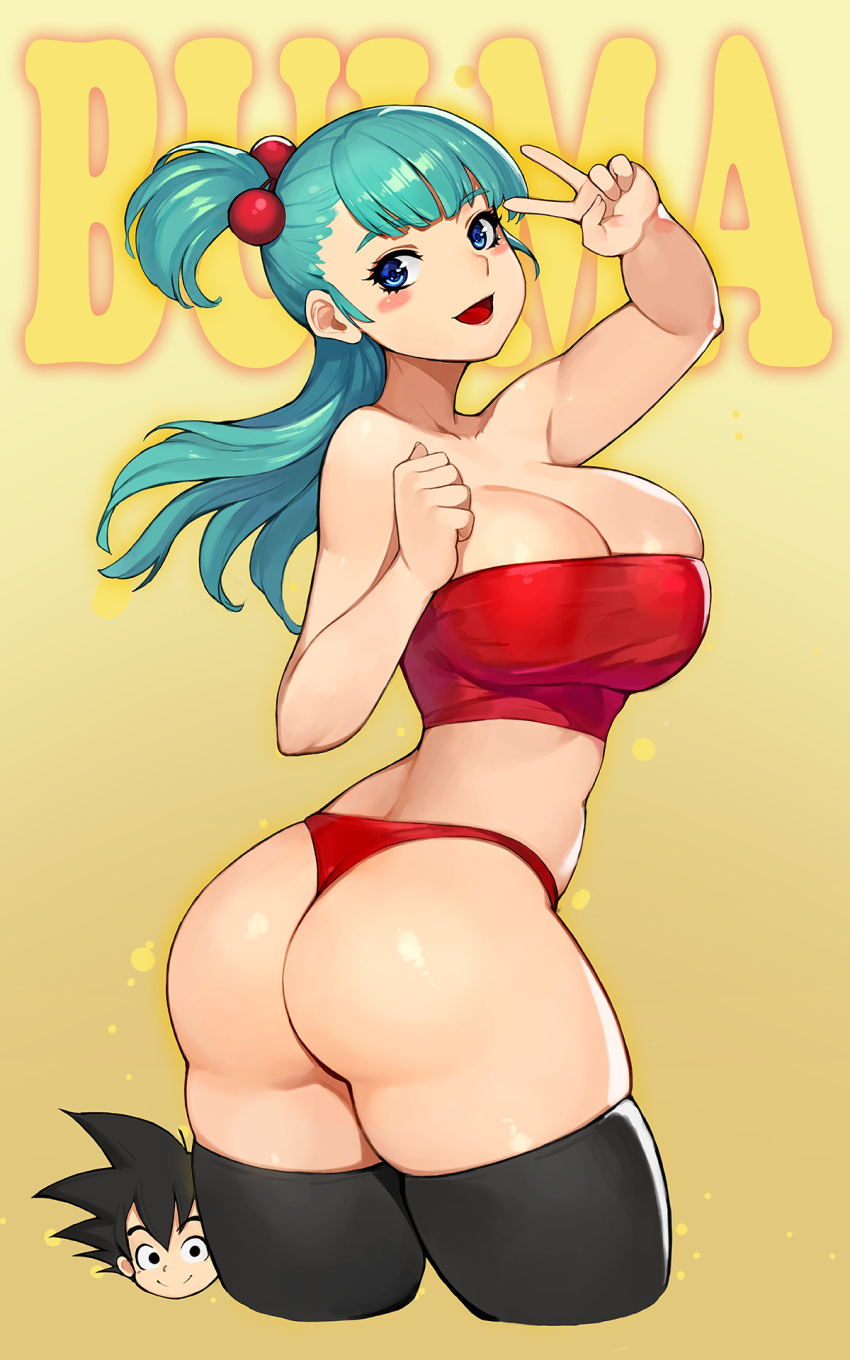 1boy 1girl ass black_hair black_legwear blue_eyes blue_hair blush breasts bulma character_name cropped_legs dragon_ball dragon_ball_(classic) gurimjang highres large_breasts looking_back open_mouth panties red_panties red_tubetop shiny shiny_skin side_ponytail smile son_goku spiky_hair strapless thigh-highs thighs tubetop underwear v yellow_background