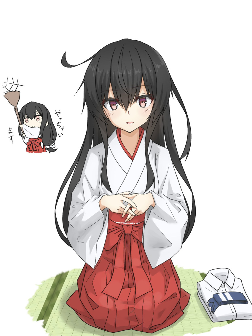 1girl alternate_costume black_hair broom clothes_removed full_body hakama hands_clasped hatsushimo_(kancolle) highres inset japanese_clothes kantai_collection long_hair looking_at_viewer miko multiple_views own_hands_together red_eyes red_hakama seiza silk simple_background sitting spider_web tatami umino_ht white_background