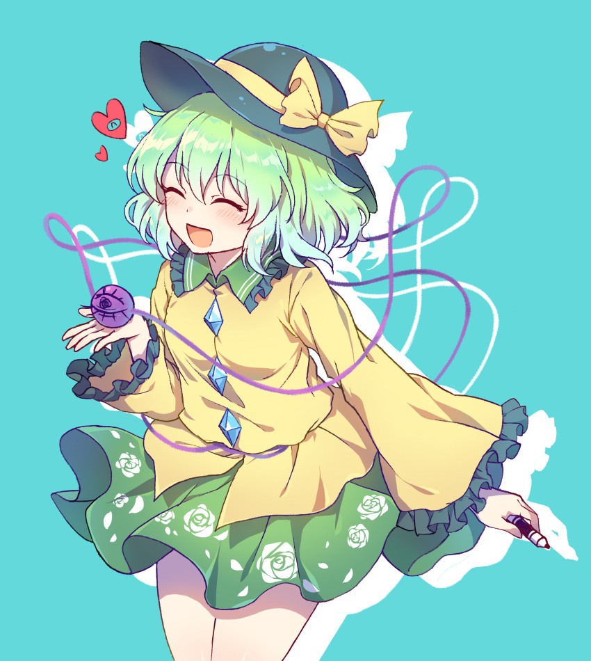 1girl ^_^ absurdres bangs black_headwear blouse blue_background blush bow breasts caramell0501 closed_eyes cowboy_shot drawing drop_shadow eyeball eyebrows_visible_through_hair floral_print frilled_shirt_collar frills green_hair green_skirt happy hat hat_bow heart highres holding holding_marker komeiji_koishi long_sleeves marker short_hair simple_background skirt small_breasts solo standing third_eye touhou wide_sleeves yellow_blouse yellow_bow |d