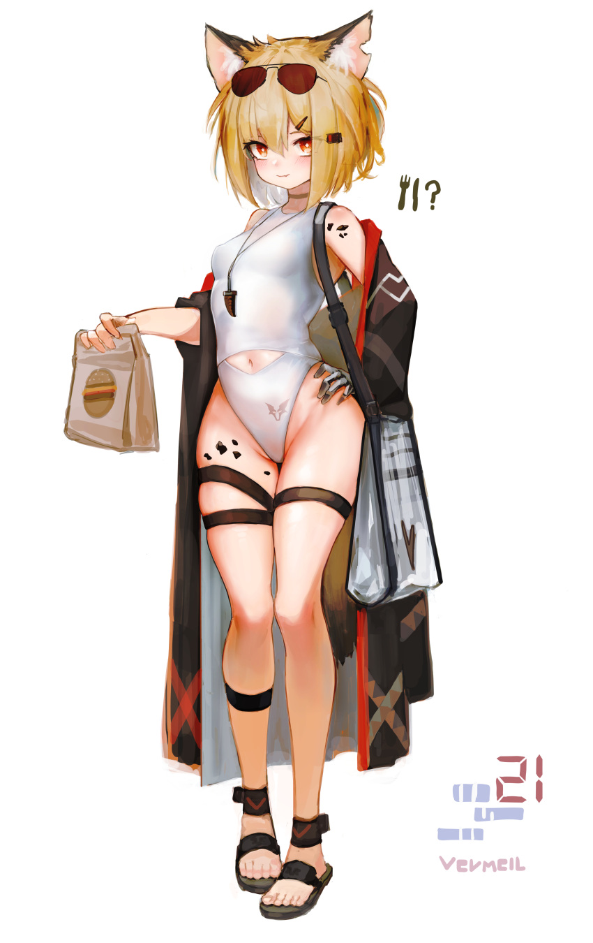 1girl absurdres animal_ear_fluff animal_ears arknights bag bangs bare_shoulders black_coat black_footwear blonde_hair blush breasts casual_one-piece_swimsuit character_name closed_mouth clothing_cutout coat eyebrows_visible_through_hair eyewear_on_head fork fox_ears fox_girl fox_tail full_body gloves grey_gloves groin hair_between_eyes hand_on_hip highres holding holding_bag knife long_sleeves navel navel_cutout off_shoulder one-piece_swimsuit open_clothes open_coat oripathy_lesion_(arknights) red_eyes sandals short_hair simple_background single_glove small_breasts smile solo standing sunglasses swimsuit tail thigh_gap thigh_strap timitarcat vermeil_(arknights) white_background white_swimsuit wide_hips