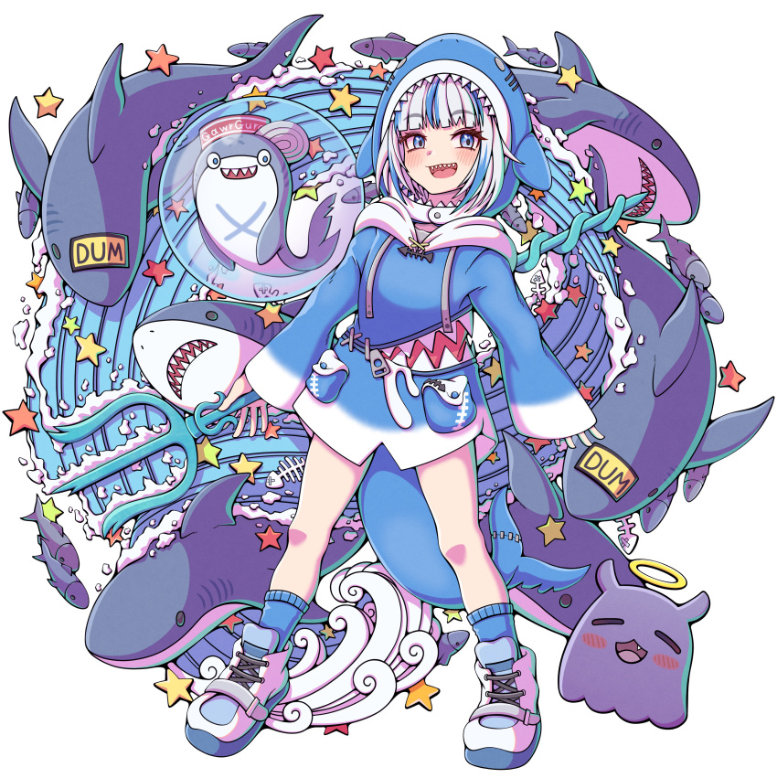 1girl absurdres animal_hood bloop_(gawr_gura) blue_eyes blue_hair blue_hoodie blue_legwear blush breasts bubble character_name commentary cross-laced_footwear english_commentary eyebrows_visible_through_hair eyelashes fish fish_tail full_body gawr_gura halo highres holding holding_weapon hololive hololive_english hood hood_up hoodie long_sleeves looking_at_viewer meatbandit medium_hair multicolored_hair open_mouth polearm shark shark_hood shark_tail sharp_teeth shoes silver_hair sleeves_past_wrists small_breasts smile sneakers socks standing starfish streaked_hair tail tako_(ninomae_ina'nis) teeth trident two-tone_hair virtual_youtuber water weapon white_footwear