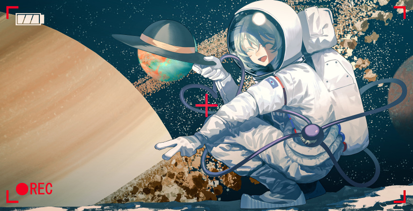 1girl ^_^ absurdres astronaut closed_eyes earth_(planet) green_hair hat hat_removed headwear_removed highres komeiji_koishi looking_at_viewer looking_to_the_side moon open_mouth ouka_musci planet recording smile solo space spacesuit squatting star_(sky) sun_hat touhou viewfinder |d