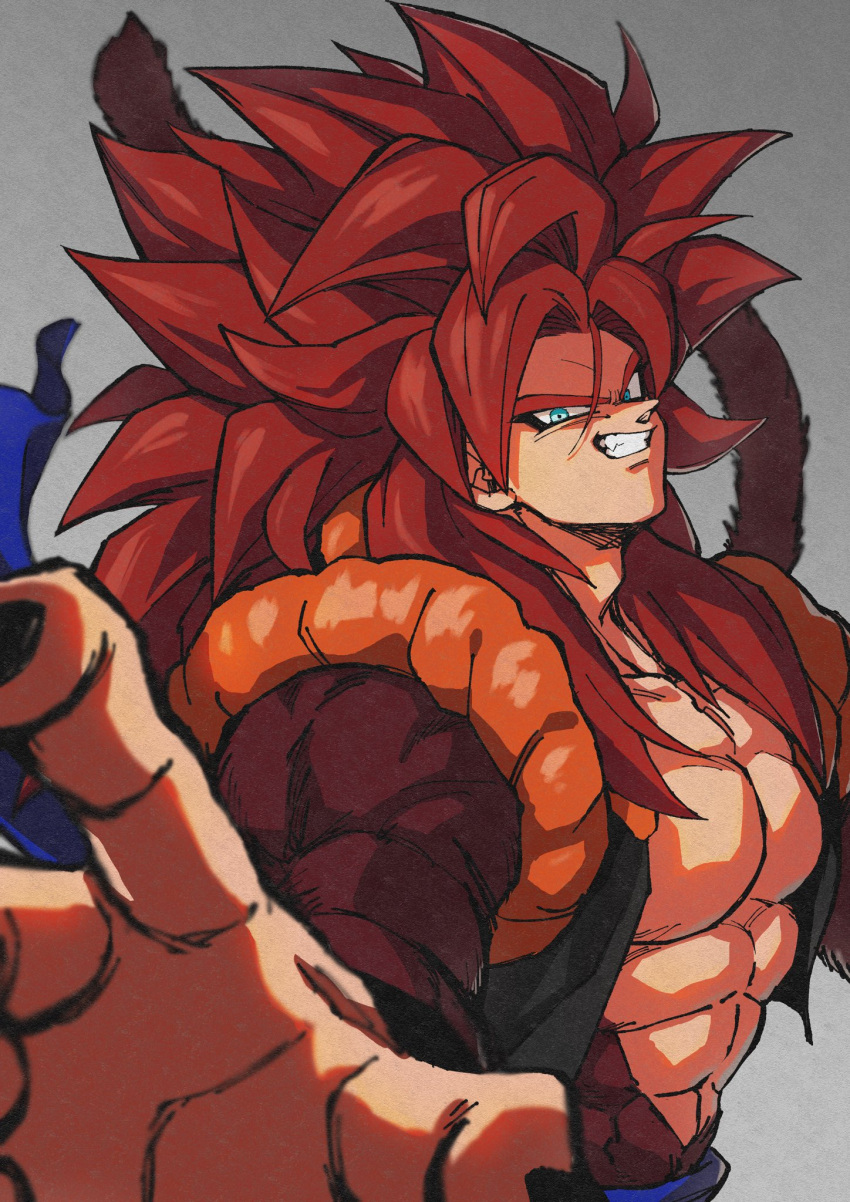 bangs bare_pecs biceps blue_eyes brown_fur clenched_teeth dragon_ball dragon_ball_gt foreshortening fusion fusion_dance gogeta grin highres looking_at_viewer metamoran_vest monkey_boy monkey_tail no_nipples open_hand outstretched_arm reaching redhead relio_db318 smile smirk solo spiky_hair super_saiyan super_saiyan_4 tail teeth veiny_hands