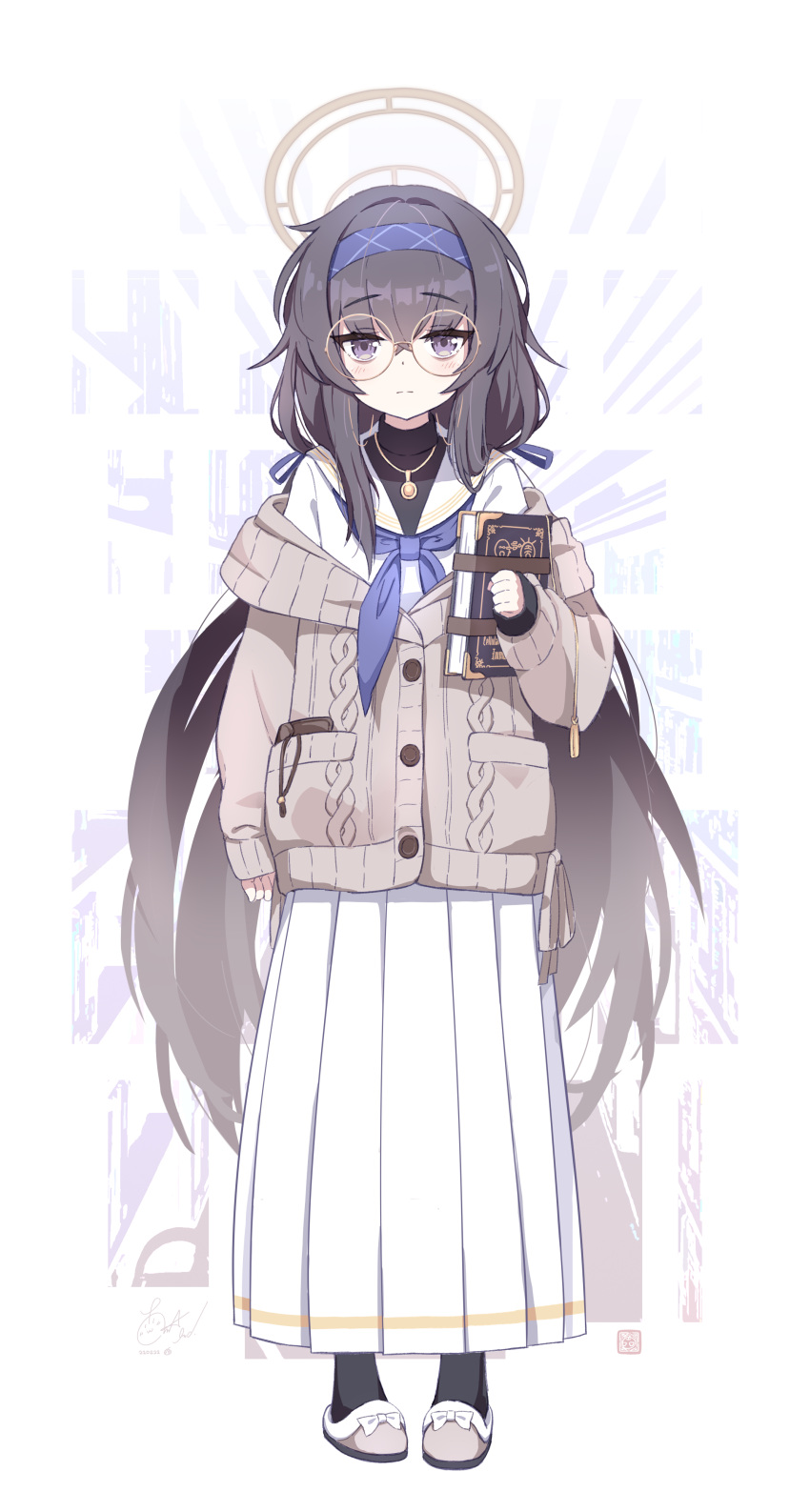 1girl absurdres black_hair black_legwear blue_archive blush book commentary_request full_body glasses halo headband highres i-tsd jewelry long_hair long_skirt looking_at_viewer low_twintails necklace no_pants pantyhose school_uniform skirt solo sweater twintails ui_(blue_archive) white_background