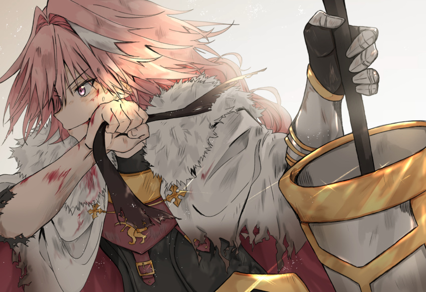 1boy ameshiki astolfo_(fate) bangs black_gloves black_ribbon blood braid coat eyebrows_visible_through_hair fate/apocrypha fate/grand_order fate_(series) from_side fur-trimmed_coat fur_trim gauntlets gloves hair_between_eyes hair_intakes highres lance long_braid long_hair male_focus multicolored_hair ookubo_rumi pink_hair polearm ribbon single_braid smirk solo streaked_hair sweatdrop torn_clothes v-shaped_eyebrows violet_eyes weapon white_coat white_hair