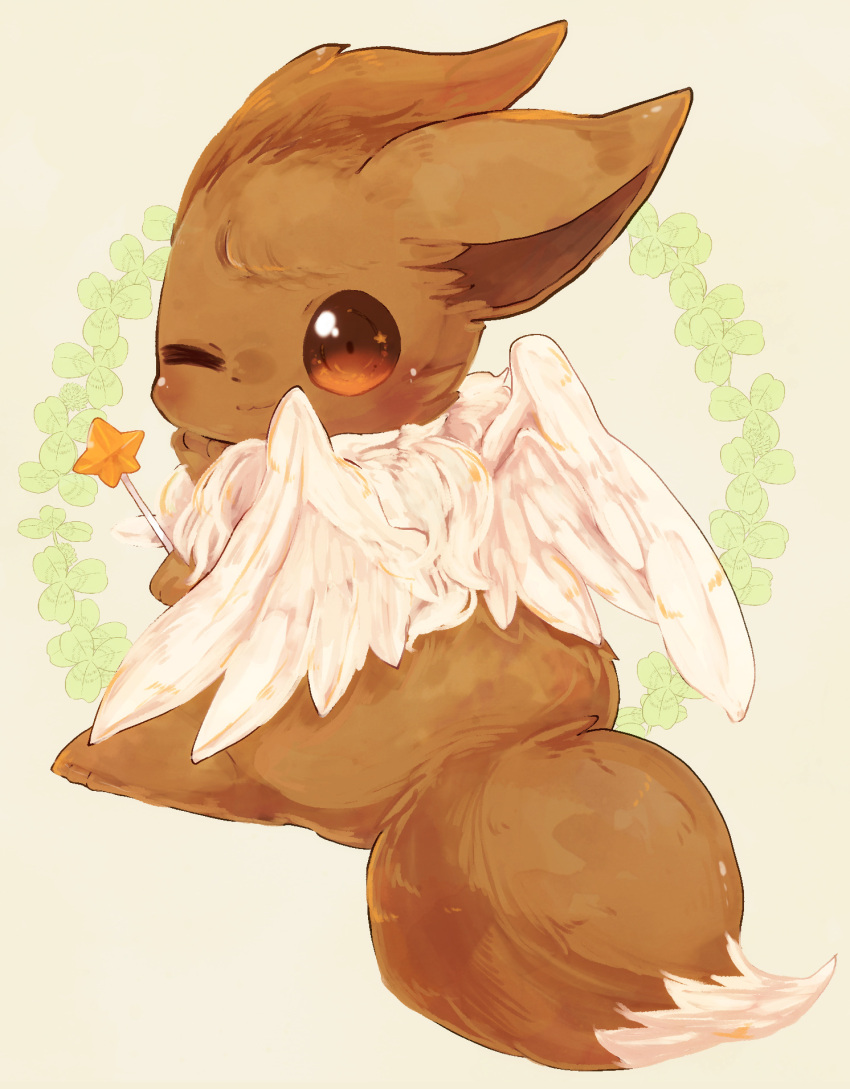 :3 animal_focus banchiku bangs blush closed_mouth clover commentary_request eevee feathered_wings fluffy from_behind full_body gen_1_pokemon green_background happy highres holding holding_wand light_blush looking_at_viewer looking_back no_humans one_eye_closed pokemon pokemon_(creature) sitting smile solo star_(symbol) star_in_eye swept_bangs symbol_in_eye wand wings