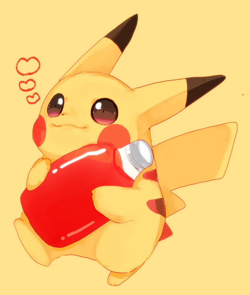 :3 absurdres animal_focus banchiku blush_stickers bottle brown_eyes closed_mouth commentary_request full_body gen_1_pokemon happy heart highres ketchup leg_up no_humans object_hug pikachu pokemon pokemon_(anime) pokemon_(classic_anime) pokemon_(creature) shiny simple_background smile solo walking yellow_background