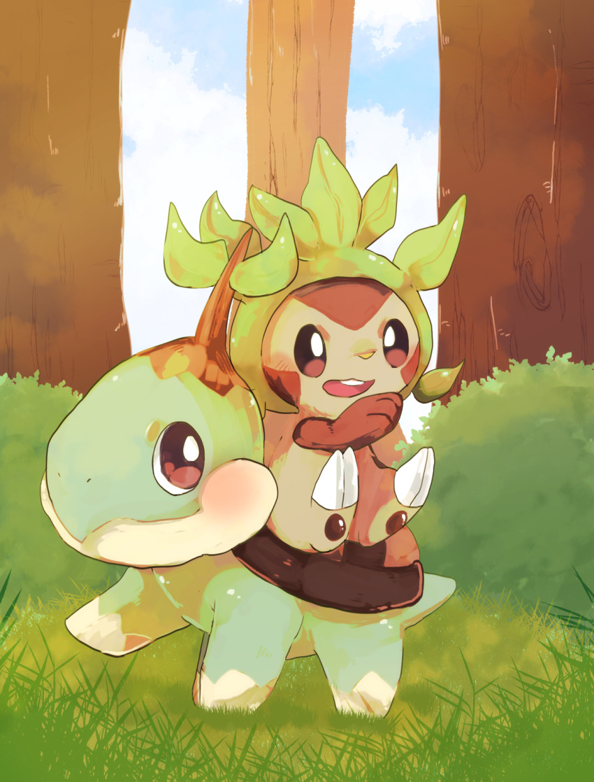 :3 animal_focus banchiku blue_sky blush brown_eyes brown_sclera chespin claws closed_mouth clouds colored_sclera commentary_request day full_body gen_4_pokemon gen_6_pokemon grass green_theme hand_up happy highres looking_at_another looking_back no_humans open_mouth outdoors pawpads pointing pokemon pokemon_(creature) riding sitting sky smile teeth tree turtwig white_eyes