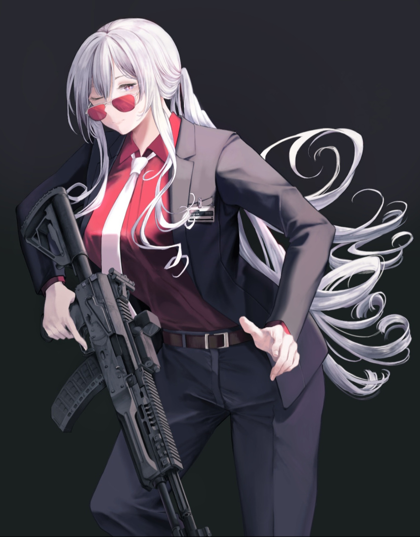 1girl ak-12 ak-12_(girls_frontline) belt black_background black_jacket black_pants blazer business_suit defy_(girls_frontline) eyebrows_visible_through_hair formal girls_frontline glasses highres holding holding_weapon jacket long_hair looking_at_viewer necktie one_eye_closed pants parang ponytail red_shirt shirt silver_hair smile solo standing suit violet_eyes weapon white_neckwear