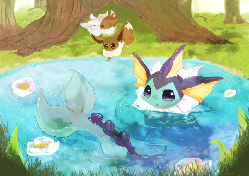 :3 alternate_color animal_focus banchiku blue_eyes brown_eyes closed_eyes closed_mouth commentary_request day eevee fang flower forest from_behind gen_1_pokemon grass happy jpeg_artifacts licking looking_at_another looking_at_viewer looking_back nature no_humans open_mouth outdoors partially_submerged pokemon pokemon_(creature) pond ripples shiny_pokemon skin_fang smile tongue tongue_out tree vaporeon water white_flower