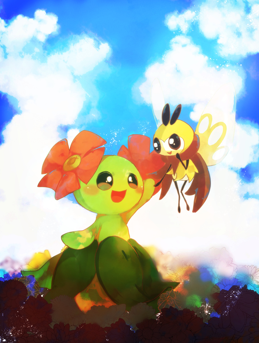 1girl arm_up banchiku bellossom black_eyes blue_sky blush brown_scarf clouds colored_skin commentary_request day eye_contact floating flower full_body gen_2_pokemon gen_7_pokemon green_eyes green_skin green_skirt hair_flower hair_ornament happy highres holding_hands insect_wings looking_at_another monster_girl open_mouth outdoors plant_girl pokemon pokemon_(creature) red_flower ribombee scarf skirt sky smile standing wings
