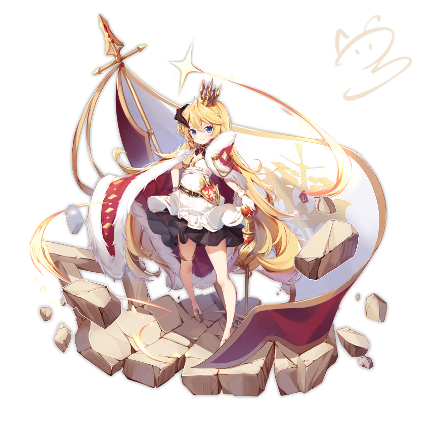 1girl :3 absurdres bangs bare_legs belt blonde_hair blue_eyes blush cape chest_guard crown dress flag full_body gloves hair_between_eyes high_belt highres horns jewelry long_hair looking_at_viewer mini_crown multiple_belts nahaki original pendant red_cape shield simple_background single_horn skirt solo standing thighlet very_long_hair wand white_background white_gloves