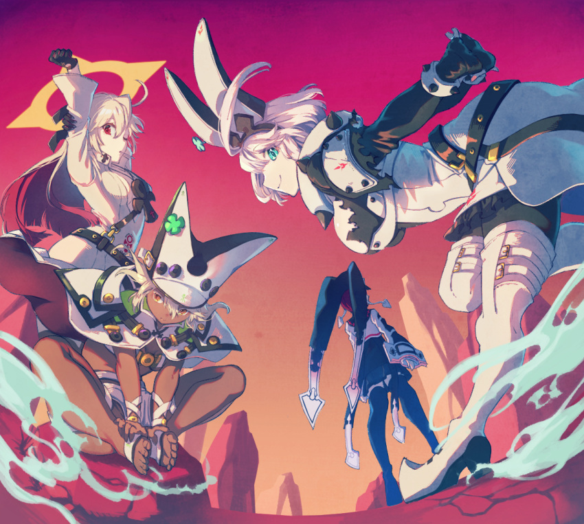 4girls barefoot beltbra black_legwear blue_eyes bodysuit clover clover_(flower) dark_skin dark-skinned_female elphelt_valentine flower four-leaf_clover guilty_gear guilty_gear_xrd halo hat jack-o'_valentine multicolored_hair multiple_girls pale_skin ramlethal_valentine red_eyes redhead short_hair shorts thigh-highs thigh_strap uedakazu valentine_(guilty_gear) white_bodysuit white_hair yellow_eyes