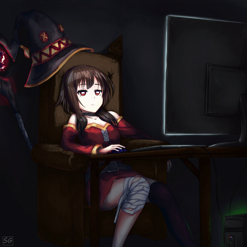 bandages belt black_hair chair choker couch dress hat highres kono_subarashii_sekai_ni_shukufuku_wo! megumin monitor red_dress red_eyes short_hair short_hair_with_long_locks sitting staff thigh-highs