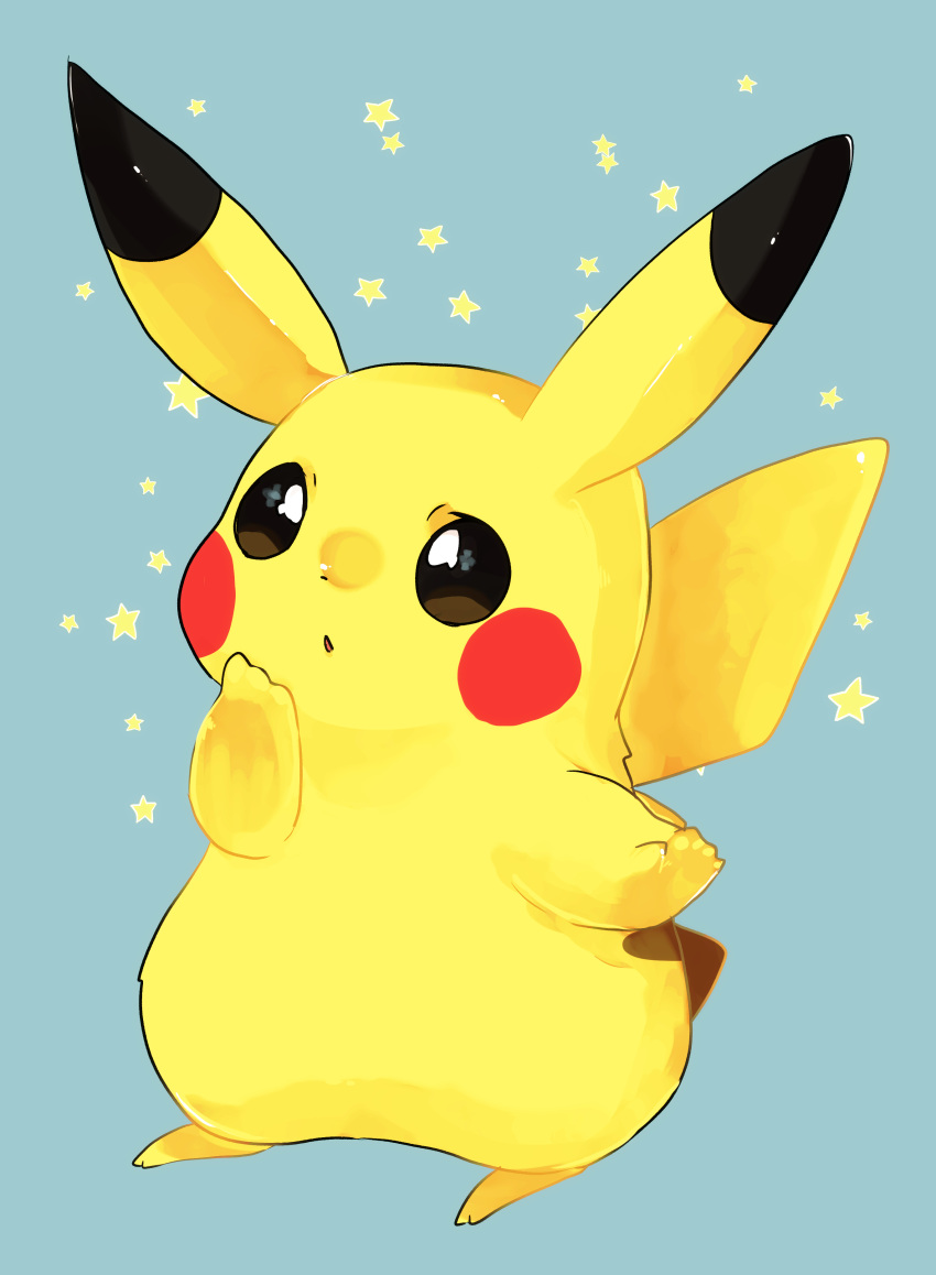 absurdres animal_focus banchiku blue_background blush_stickers brown_eyes commentary_request full_body gen_1_pokemon hand_up highres looking_up no_humans open_mouth pikachu pokemon pokemon_(creature) simple_background solo standing star_(symbol) starry_background