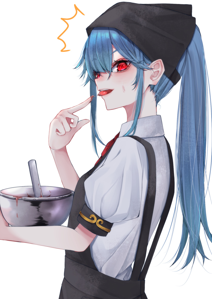 1girl ^^^ alternate_hairstyle alternate_headwear apron bangs black_apron black_headwear blue_hair blush bowl breasts chocolate commentary_request eyebrows_visible_through_hair fall_dommmmmer finger_licking from_side head_scarf highres hinanawi_tenshi holding holding_bowl licking long_hair looking_at_viewer mixing_bowl ponytail profile puffy_short_sleeves puffy_sleeves red_eyes red_neckwear shirt short_sleeves sidelocks simple_background small_breasts solo spoon sweat tongue tongue_out touhou upper_body white_background white_shirt