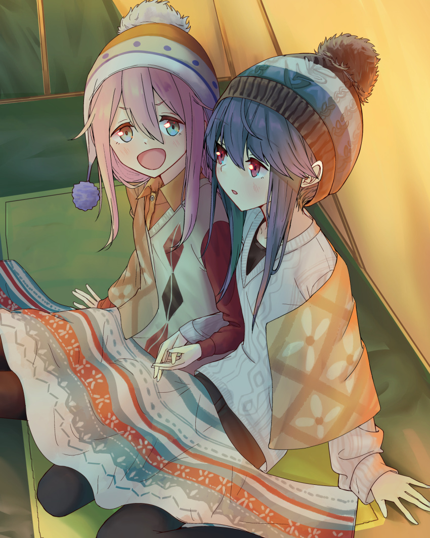 2girls beanie blanket blue_eyes blue_hair blush carpet commentary eye_contact hat highres holding_hands interlocked_fingers kagamihara_nadeshiko kinako_mochi long_hair looking_at_another multiple_girls open_mouth pink_hair pom_pom_(clothes) shima_rin shirt sitting sweater tent under_covers violet_eyes wariza winter_clothes yuri yurucamp