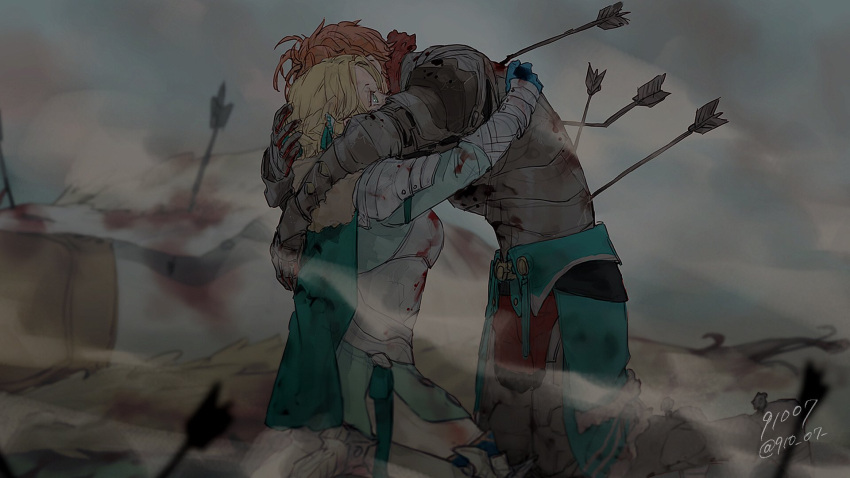 1boy 1girl 91007 armor armored_boots arrow_in_body artist_name battlefield blonde_hair blood bloody_clothes blue_eyes blue_gloves boots breastplate broken_arrow cape commentary death fire_emblem fire_emblem:_three_houses from_side full_body gauntlets gloves green_cape grey_sky highres hug ingrid_brandl_galatea injury kneeling orange_hair outdoors pegasus profile short_hair shoulder_armor signature sylvain_jose_gautier twitter_username waist_cape