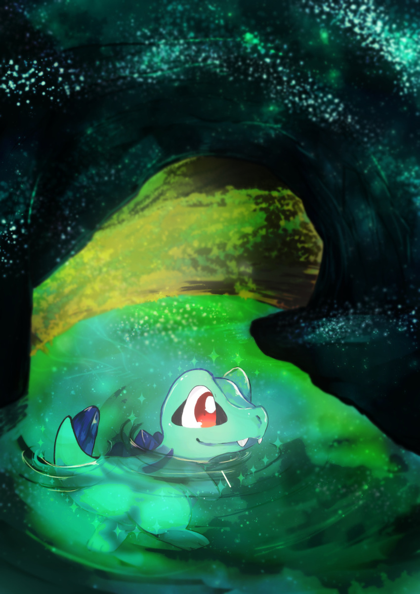 alternate_color animal_focus aqua_theme banchiku cave closed_mouth commentary_request fangs fangs_out from_side full_body gen_2_pokemon happy highres no_humans partially_submerged pokemon pokemon_(creature) red_eyes ripples shiny_pokemon smile solo sparkle swimming totodile water