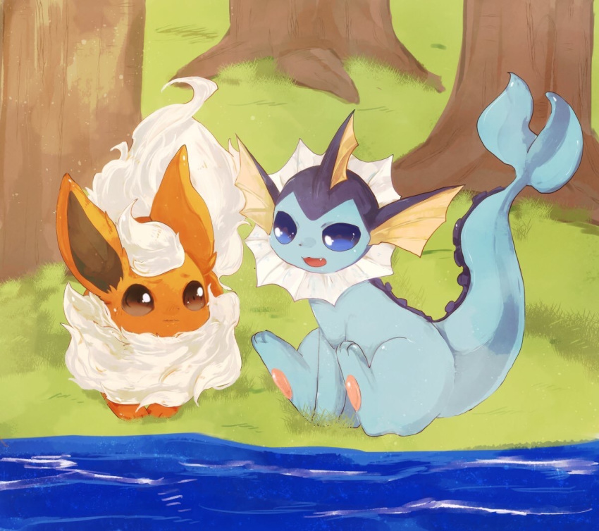 :3 animal_focus banchiku blue_eyes brown_eyes closed_mouth commentary_request day eye_contact fang flareon fluffy full_body gen_1_pokemon grass happy jpeg_artifacts looking_at_another no_humans open_mouth outdoors pawpads pokemon pokemon_(creature) river short_hair sitting smile tree vaporeon water wavy_mouth white_hair