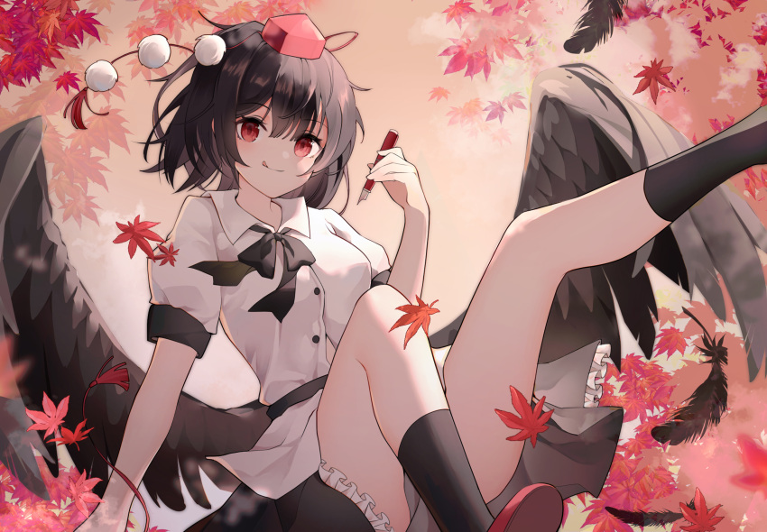1girl :q arm_up autumn_leaves bangs black_hair black_legwear black_neckwear black_skirt breasts calf_socks commentary day eyebrows_visible_through_hair feet_out_of_frame fountain_pen hat highres holding holding_pen k13795 knee_up leaf leg_lift looking_at_viewer maple_leaf medium_breasts neck_ribbon outdoors pen petticoat pom_pom_(clothes) puffy_short_sleeves puffy_sleeves red_eyes red_headwear ribbon shameimaru_aya shirt short_hair short_sleeves sitting skirt solo tokin_hat tongue tongue_out touhou twilight untucked_shirt white_shirt