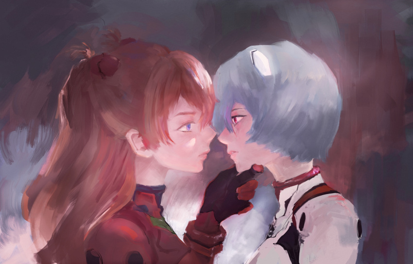 2girls absurdres ayanami_rei blue_eyes eye_contact from_side hair_between_eyes hand_on_another's_chin highres imminent_kiss interface_headset long_hair looking_at_another multiple_girls neon_genesis_evangelion orange_hair painterly parted_lips plugsuit red_eyes short_hair souryuu_asuka_langley torio upper_body yuri