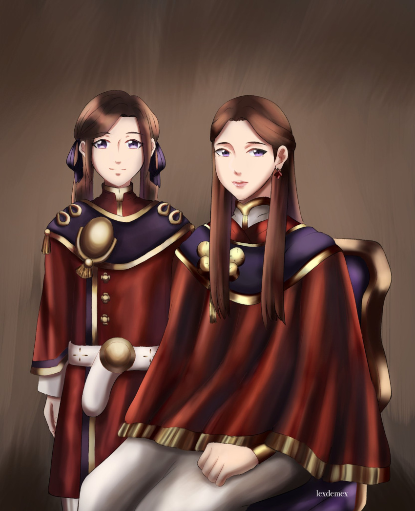 2girls adult artist_name brown_hair chair child ear_piercing edelgard_von_hresvelg fire_emblem fire_emblem:_three_houses fire_emblem:_three_houses fire_emblem_16 intelligent_systems lexdemex looking_at_viewer mother mother_and_daughter nintendo patricia_(fire_emblem) portrait violet_eyes young younger