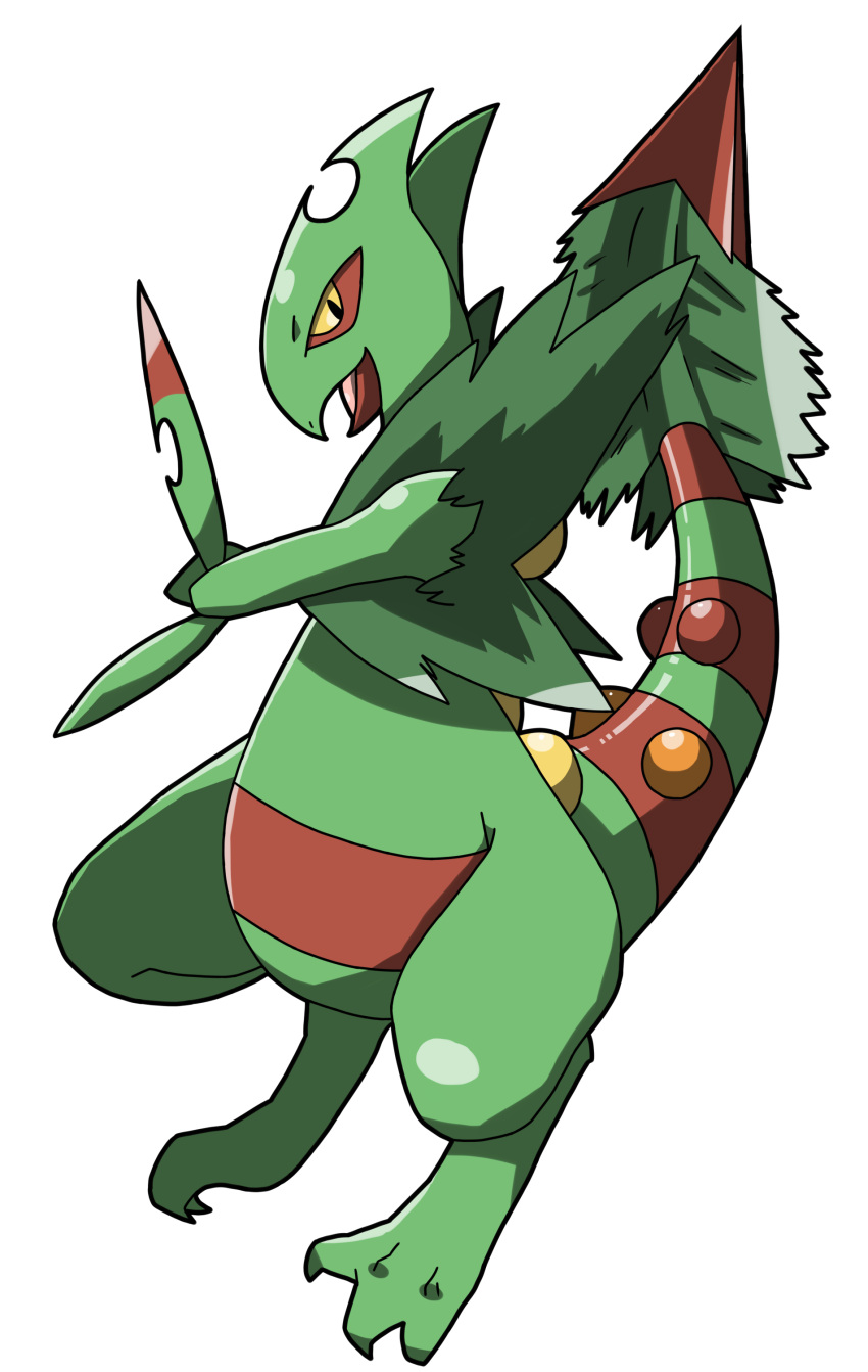 absurdres arm_up black_eyes chizi colored_sclera commentary_request full_body furry gen_3_pokemon highres mega_pokemon mega_sceptile open_mouth pokemon pokemon_(creature) sceptile simple_background solo standing tail white_background yellow_sclera