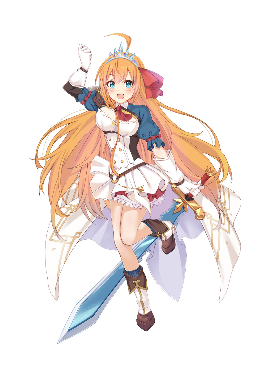1girl absurdres ahoge bangs blue_eyes blush breasts eyebrows_visible_through_hair gloves highres holding holding_sword holding_weapon large_breasts long_hair looking_at_viewer orange_hair pecorine_(princess_connect!) princess_connect! princess_connect!_re:dive puffy_short_sleeves puffy_sleeves short_sleeves solo sword tiara toratora_(nanahaba) weapon white_background white_gloves