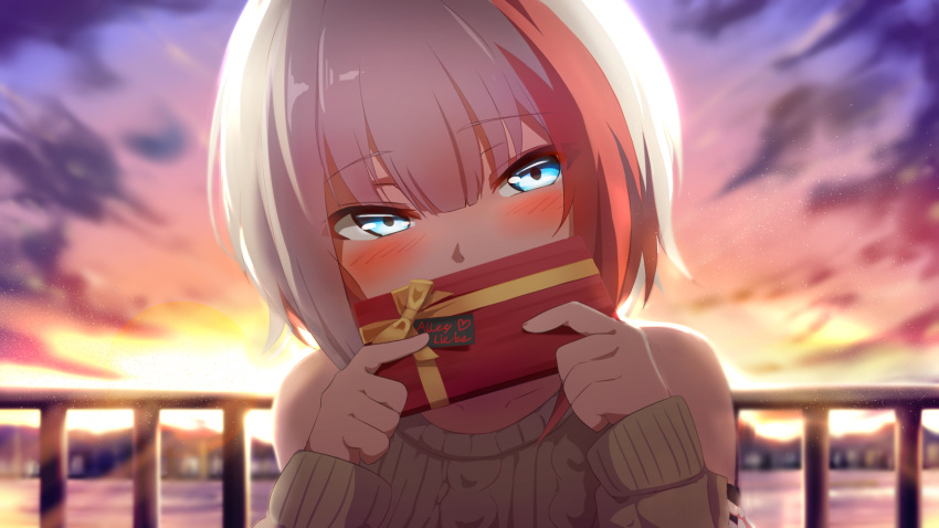 1girl admiral_graf_spee_(azur_lane) admiral_graf_spee_(daily_peaceful_life)_(azur_lane) aqua_eyes aran_sweater azur_lane bangs blurry blush box clouds cloudy_sky commentary_request covering_mouth depth_of_field detached_sleeves embarrassed eyebrows_visible_through_hair eyes_visible_through_hair german_text gift gift_box highres holding holding_gift looking_at_viewer multicolored_hair pointing redhead shade shimofuji_jun short_hair sidelocks sky solo sweater translation_request twilight two-tone_hair valentine white_hair