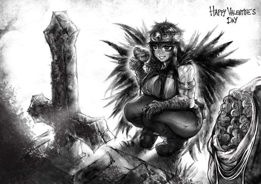 1girl armlet bandaged_arm bandages biceps breasts circlet cross empty_eyes eyelashes feathered_cape grave greyscale grin half-closed_eyes happy_valentine heart highres large_breasts legs_together monochrome muscular muscular_female pants pigeon-toed ramia-yana ramia_(ramia-yana) sack scar scar_on_arm scar_on_face scar_on_nose sleeveless smile solo the_golden_smurf tight tight_pants tombstone valentine
