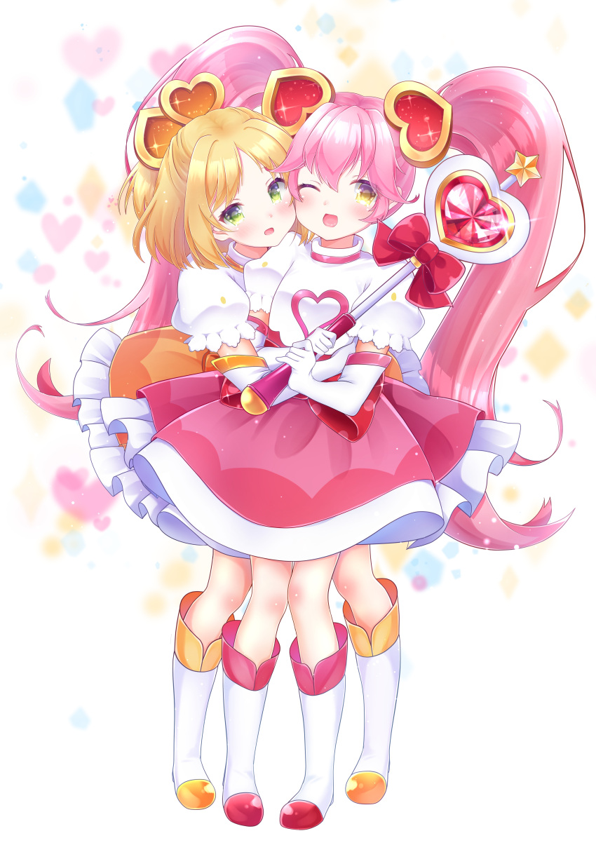 #compass 2girls :o ;d absurdres akuma_(akuma_tuyoi) blonde_hair blush boots dress elbow_gloves full_body gloves green_eyes hair_ornament heart heart_hair_ornament highres holding holding_wand hug hug_from_behind knee_boots long_hair looking_at_viewer magical_girl multiple_girls one_eye_closed open_mouth orange_dress pink_dress pink_hair ririka_(#compass) ruruka_(#compass) shiny shiny_hair short_hair simple_background smile standing twintails wand white_background white_footwear white_gloves yellow_eyes