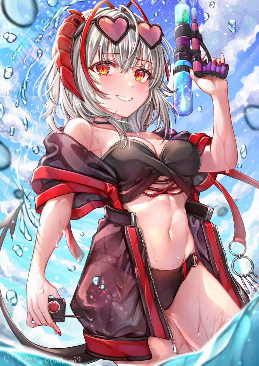 1girl ahoge antennae arknights bangs bikini bikini_under_clothes black_bikini black_jacket blue_sky breasts clouds day demon_girl demon_horns demon_tail detonator eyebrows_visible_through_hair grin highres holding holding_water_gun horns jacket large_breasts looking_at_viewer navel open_clothes open_jacket outdoors partially_submerged red_eyes red_nails see-through short_hair silver_hair sky smile solo swimsuit tail tamaso teeth twitter_username w_(arknights) water water_gun
