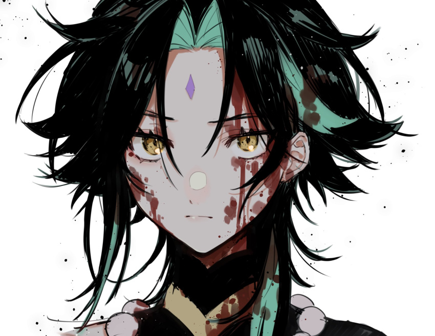1boy bangs bead_necklace beads black_hair blood blood_on_face close-up closed_eyes closed_mouth facial_mark forehead_mark genshin_impact green_hair highres jewelry long_hair looking_at_viewer male_focus multicolored_hair necklace parted_bangs simple_background slit_pupils solo sushi_171 tattoo white_background xiao_(genshin_impact) yellow_eyes