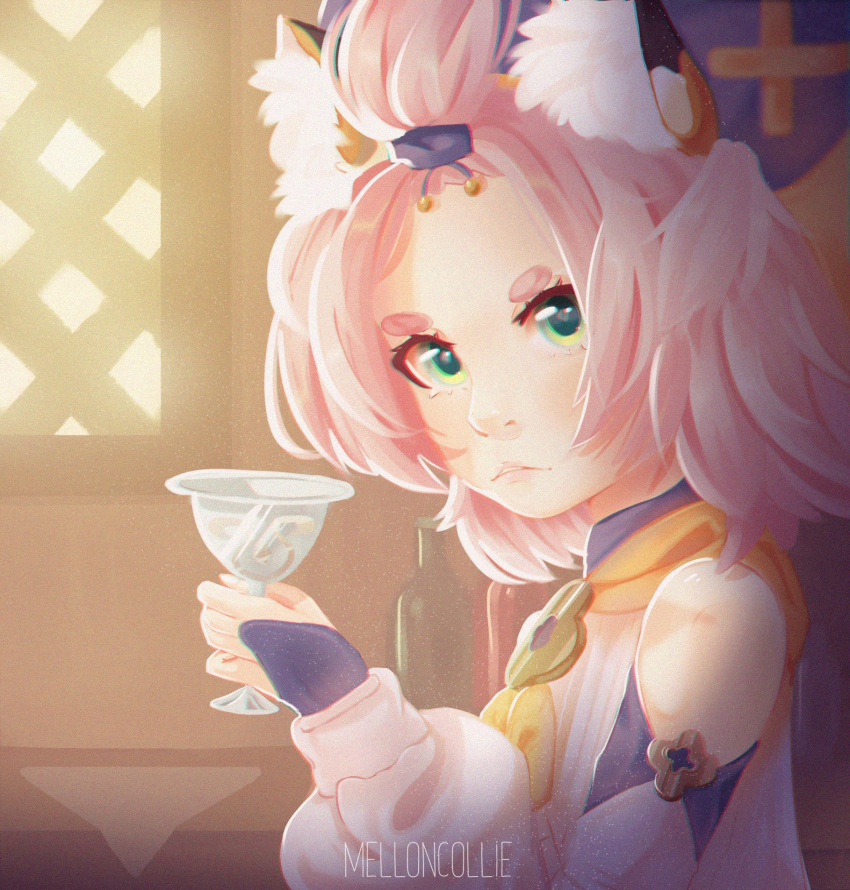 1girl animal_ear_fluff animal_ears aqua_eyes bare_shoulders beret blush cat_girl diona_(genshin_impact) genshin_impact gloves hat highres long_sleeves looking_at_viewer melloncollie-chan open_mouth pink_hair puffy_sleeves shirt short_hair solo tavern thick_eyebrows white_shirt
