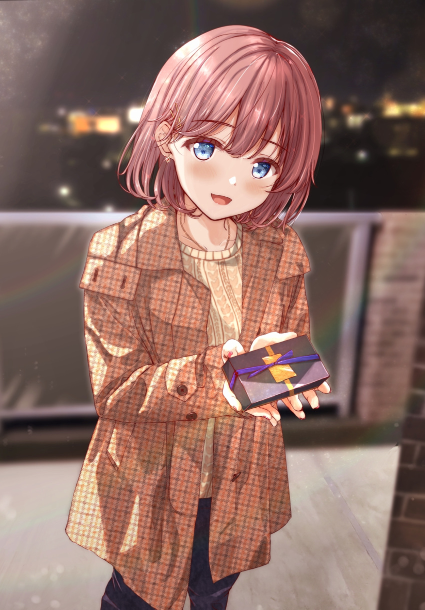 1girl :d bangs beige_sweater black_pants blue_eyes blurry blush box brick_wall city_lights coat collarbone dust_particles earrings eyebrows_visible_through_hair fushimi_asuha gift gift_box hair_ornament hairclip highres jewelry long_sleeves looking_at_viewer medium_hair necklace night night_sky open_clothes open_coat open_mouth original outdoors pants pink_hair plaid_coat railing ribbed_sweater sky smile solo sweater valentine