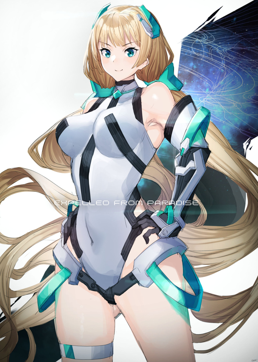 1girl angela_balzac ass_visible_through_thighs bangs bare_shoulders breasts covered_navel deva_battle_suit elbow_gloves gloves headgear highleg highleg_leotard highres large_breasts legs leotard long_hair looking_at_viewer low_twintails neon_trim raitho104 rakuen_tsuihou simple_background smile thigh_strap twintails very_long_hair white_background white_leotard