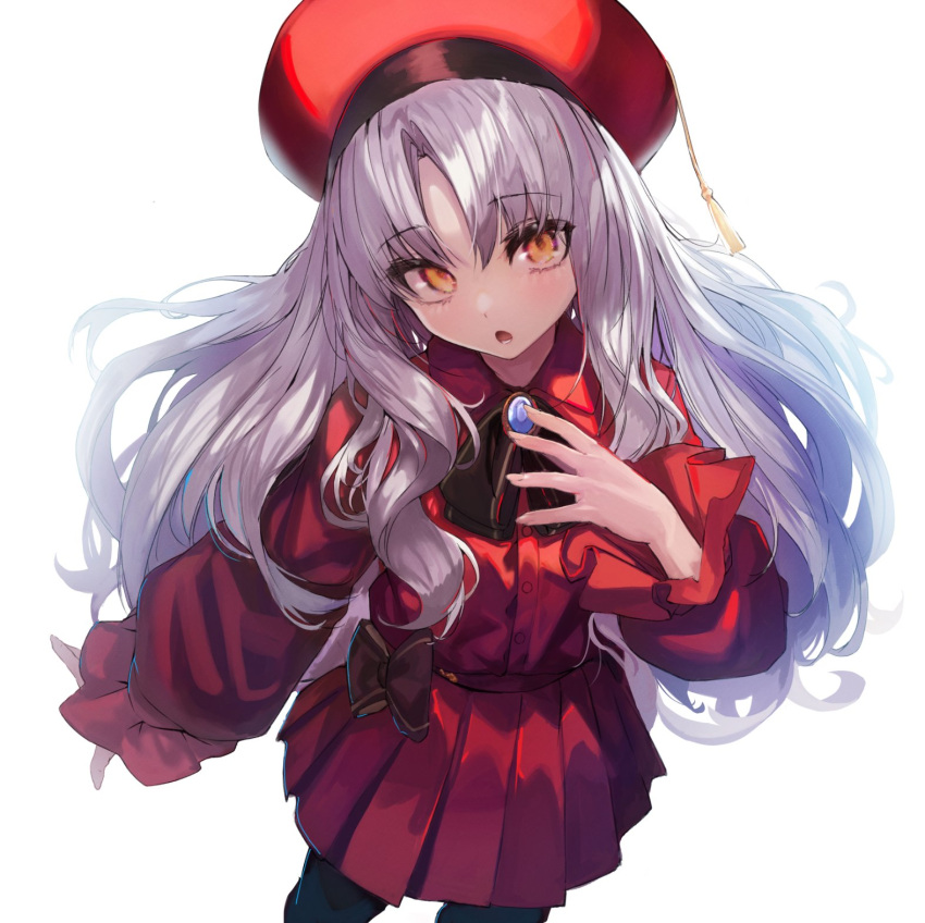 1girl akieda bangs beret black_legwear breasts brooch caren_hortensia caren_hortensia_(amor_caren) dress fate/grand_order fate_(series) feathers hat highres jewelry long_hair long_sleeves looking_at_viewer medium_breasts neck_ribbon open_mouth pantyhose red_dress red_headwear ribbon shawl thighs wavy_hair white_hair yellow_eyes
