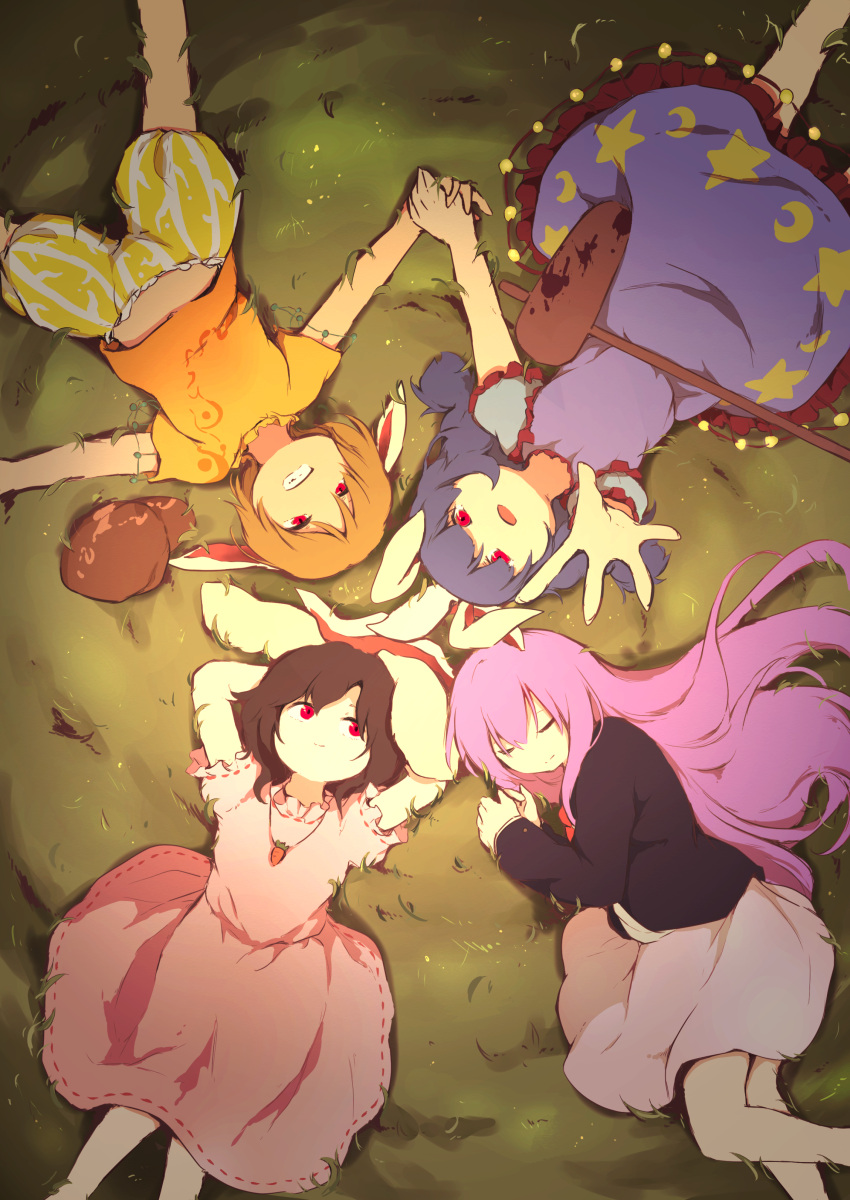 4girls absurdres acane_(cadd9_acane) ambiguous_red_liquid animal_ears arms_behind_head arms_up bangs black_hair blazer blonde_hair blouse blue_dress blue_hair carrot_necklace closed_eyes closed_mouth collared_blouse commentary_request crescent crescent_print dress feet_out_of_frame flat_cap floppy_ears frilled_dress frilled_sleeves frills from_above grass grin hair_between_eyes hat highres holding_hands inaba_tewi jacket jewelry kine long_hair long_sleeves looking_at_viewer lying mallet multiple_girls necktie on_back on_ground open_mouth orange_shirt own_hands_together pendant pink_dress pink_skirt puffy_short_sleeves puffy_sleeves purple_hair rabbit_ears rabbit_girl reaching_out red_eyes red_neckwear reisen_udongein_inaba ribbon-trimmed_dress ringo_(touhou) seiran_(touhou) shirt short_hair short_sleeves shorts skirt smile stain star_(symbol) star_print touhou twintails wavy_hair white_blouse yellow_shorts