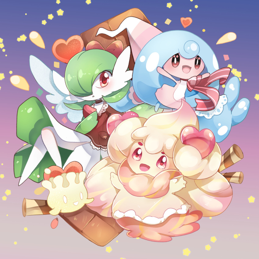 :d alcremie blush choker clothed_pokemon commentary english_commentary gardevoir gen_3_pokemon gen_8_pokemon hattrem highres looking_at_viewer milcery open_mouth pokemon pokemon_(creature) red_eyes ribbon smile star_(symbol) tongue yami11