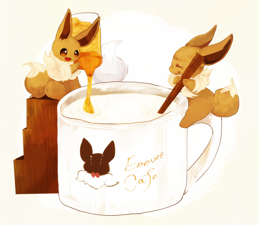 :3 alternate_color animal_focus banchiku beige_background blush bottle brown_eyes character_name closed_mouth commentary_request cup eevee english_text fang from_side full_body gen_1_pokemon happy holding honey licking_lips light_blush milk mixing mug no_humans nose_blush open_mouth pokemon pokemon_(creature) pouring profile shiny_pokemon sideways_mouth simple_background sitting smile tongue tongue_out