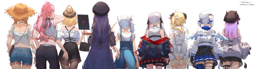 6+girls absurdres amane_kanata angel_wings animal_ears aran_sweater arms_behind_back ass bag bare_shoulders beret bibi_(tokoyami_towa) black_headwear black_legwear black_pants black_ribbon black_skirt black_sweater blonde_hair blue_hair blue_legwear blue_shirt blue_shorts blue_skirt braid brown_headwear brown_legwear bubba_(watson_amelia) cat_ears copyright_name crop_top demon_girl demon_horns demon_tail dress fish_tail frilled_shirt frills from_behind gawr_gura gradient gradient_hair gradient_legwear hair_down hair_over_shoulder hair_ribbon half_updo handbag hat high_ponytail highres hololive hololive_english holomyth horns huge_filesize jacket lineup long_hair long_sleeves midriff mini_wings miniskirt mori_calliope multicolored_hair multiple_girls nakiri_ayame ninomae_ina'nis off-shoulder_shirt off_shoulder official_alternate_costume oni oni_horns open_clothes open_jacket orange_hair pants pantyhose pink_hair pleated_skirt pointy_ears ponytail purple_hair ribbon scratching scratching_ass shark_tail sheep_ears sheep_girl sheep_horns shirt short_hair short_shorts shorts side_ponytail signature simple_background single_thighhigh skirt straw_hat streaked_hair sweater tail takanashi_kiara tank_top thigh-highs thigh_strap tokoyami_towa tsukino_(nakajimaseiki) tsunomaki_watame twin_braids twintails very_long_hair virtual_youtuber watson_amelia white_background white_dress white_hair white_headwear white_jacket white_ribbon white_shirt white_sweater white_tank_top wings zipper zipper_pull_tab