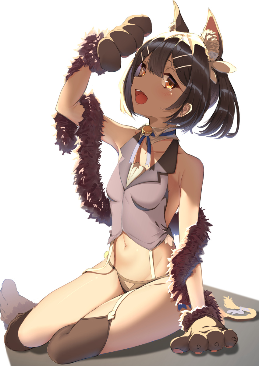 1girl black_hair blush breasts commentary_request dark_skin fate/kaleid_liner_prisma_illya fate_(series) garter_straps gloves hair_ornament hairclip highres miyu_edelfelt navel open_mouth paw_gloves paws sashimi_nasu simple_background sitting solo thigh-highs white_background