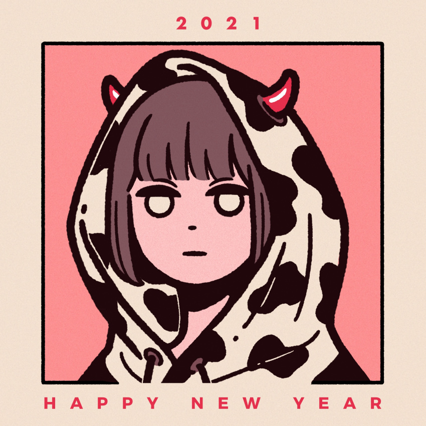 1girl 2021 absurdres animal_print brown_hair chinese_zodiac cow_horns cow_print drawstring expressionless flat_color happy_new_year highres hood hood_down horns new_year original pink_background portrait short_hair solo white_eyes year_of_the_ox yoshi_mi_yoshi