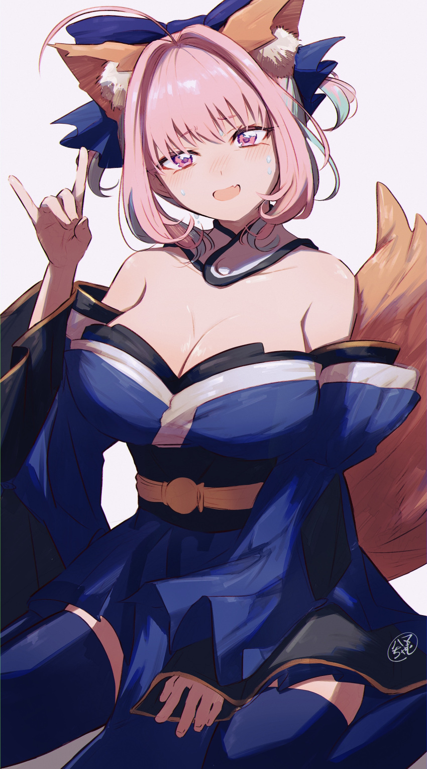 1girl absurdres animal_ear_fluff animal_ears bangs bare_shoulders blue_hair blue_kimono blue_legwear blue_ribbon breasts collarbone cosplay crying crying_with_eyes_open detached_collar eyebrows_visible_through_hair fang fate/grand_order fate_(series) fox_ears fox_tail furrowed_eyebrows grey_background hair_intakes hair_ribbon hamachamu hand_up highres idolmaster idolmaster_cinderella_girls japanese_clothes kimono large_breasts long_sleeves looking_at_viewer multicolored_hair open_mouth pink_eyes pink_hair ribbon short_eyebrows simple_background sitting skin_fang solo tail tail_raised tamamo_(fate)_(all) tamamo_no_mae_(fate) tamamo_no_mae_(fate)_(cosplay) tears thigh-highs two-tone_hair wariza yumemi_riamu